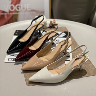 2026细跟绑带优雅漆皮百搭气质高跟鞋 女鞋 名媛风尖头后空凉鞋 法式