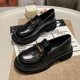百搭舒适休闲鞋 黑色圆头小皮鞋 女2025新款 老钱风英伦风厚底乐福鞋