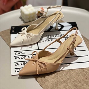 浅口一字带百搭女鞋 女2026蝴蝶结包头后空凉鞋 尖头细跟高跟鞋 法式