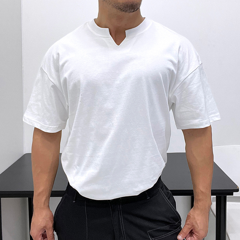 领口特别设计感！阔版宽松纯棉短袖T恤潮男高克重全棉显壮落肩肌