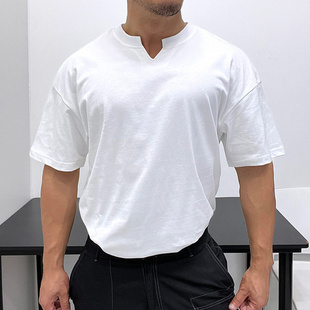 领口特别设计感！阔版宽松纯棉短袖T恤潮男高克重全棉显壮落肩肌
