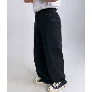 潮男原色黑跳舞kpop美式 宽松长裤 多口袋重工水洗做旧直筒牛仔裤