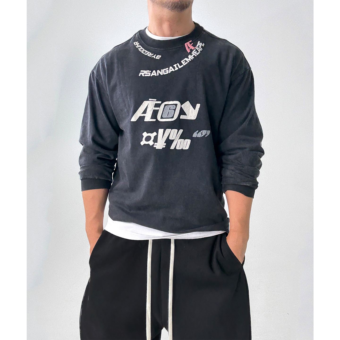 310g克重纯棉水洗做旧宽松圆领套头长袖T恤薄款卫衣潮男春秋ins风