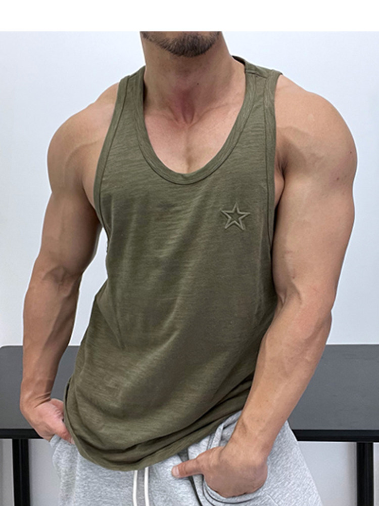 질감이 좋은 원단  통기성 대나무 면 자수 순수 면 루즈한 조끼 민소매 티셔츠 슬림 핏 근육질 남성이 강해 보입니다