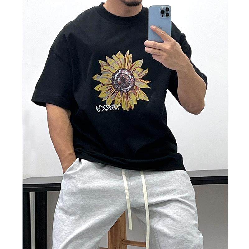 重磅纯棉好面料!时髦微廓形显壮小领口圆领套头短袖T恤潮男宽松