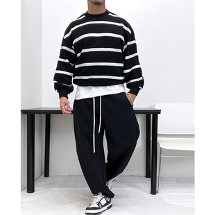不老气时髦短款!经典条纹微廓版宽松圆领套头卫衣潮男街舞滑板ins