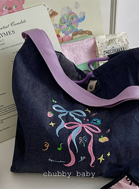 chubbybaby*双色蝴蝶结~美式复古刺绣大容量牛仔面料可斜挎帆布包