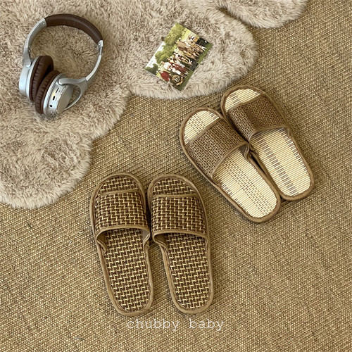 chubbybaby*夏天在爷爷家吃西瓜~复古风亚麻编织藤草竹编情侣拖鞋