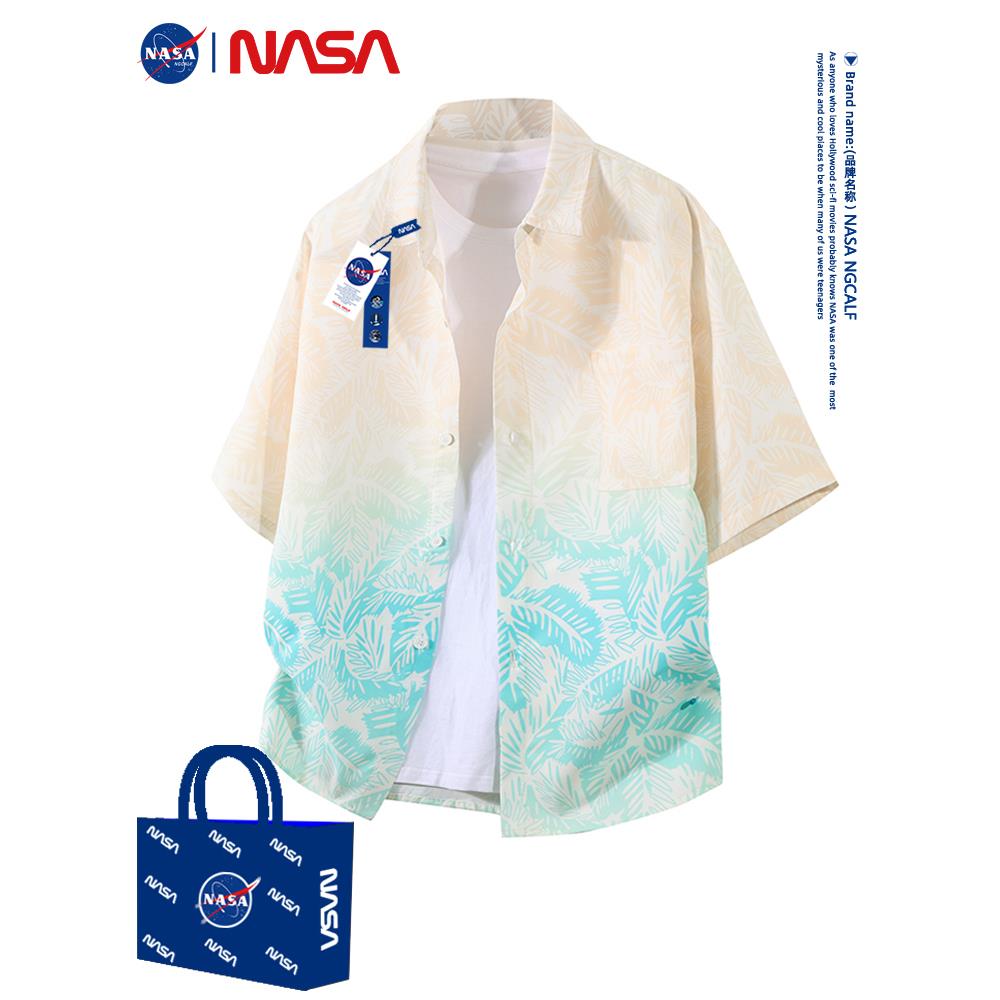 NASA联名印花短袖衬衫男夏季新款冰丝轻薄外套宽松休闲渐变色衬衣