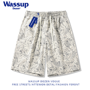 寬松運動五分褲 WASSUP 夏威夷沙灘男裝 男新款 DOZEN夏季 休閑花短褲