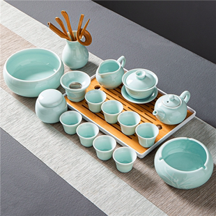 简约茶壶盖碗喝茶杯现代轻奢陶瓷礼品 青瓷功夫茶具家用客厅小套装