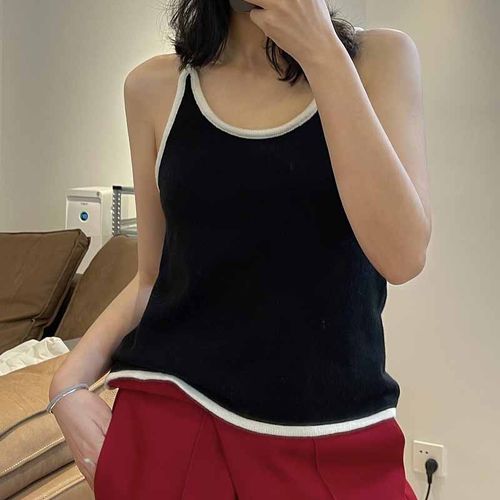 ALU私服ootd新西兰弹力羊毛羊绒版型瘦到巅峰的奶味撞色Top吊带