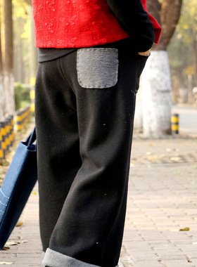 山有木兮柜中缘原创温暖厚实哑黑色灰色羊毛针织加绒厚阔腿裤女冬