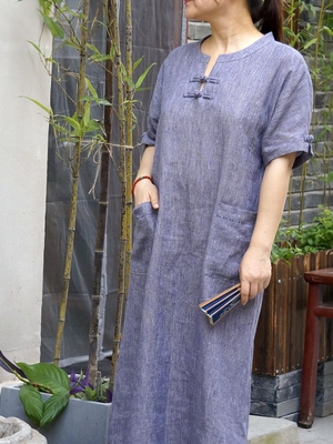 柜中缘原创中式长袍蓝灰薄亚麻