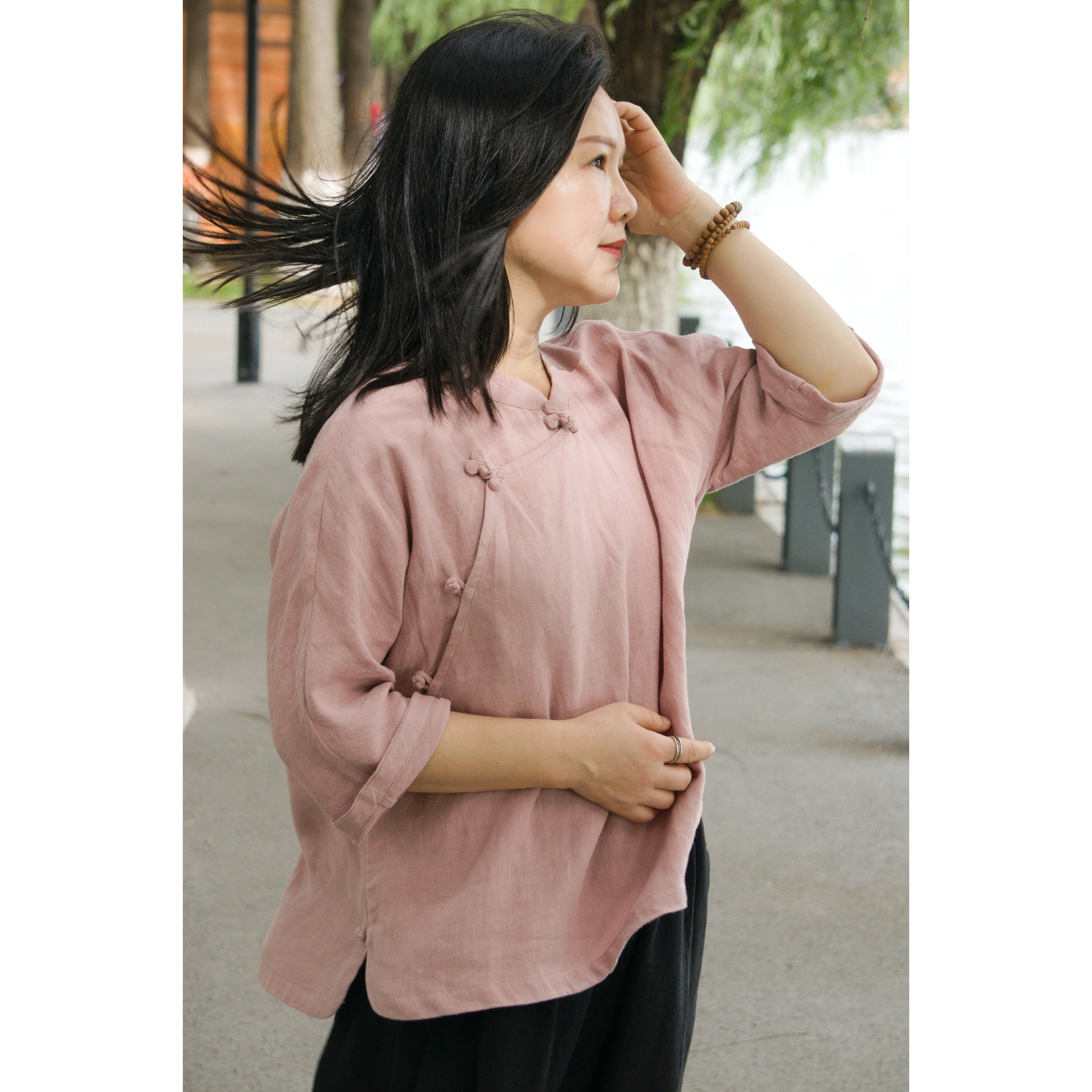 笑红尘柜中缘原创旧粉色汉麻连肩袖衫上衣葫芦盘扣文艺复古女秋