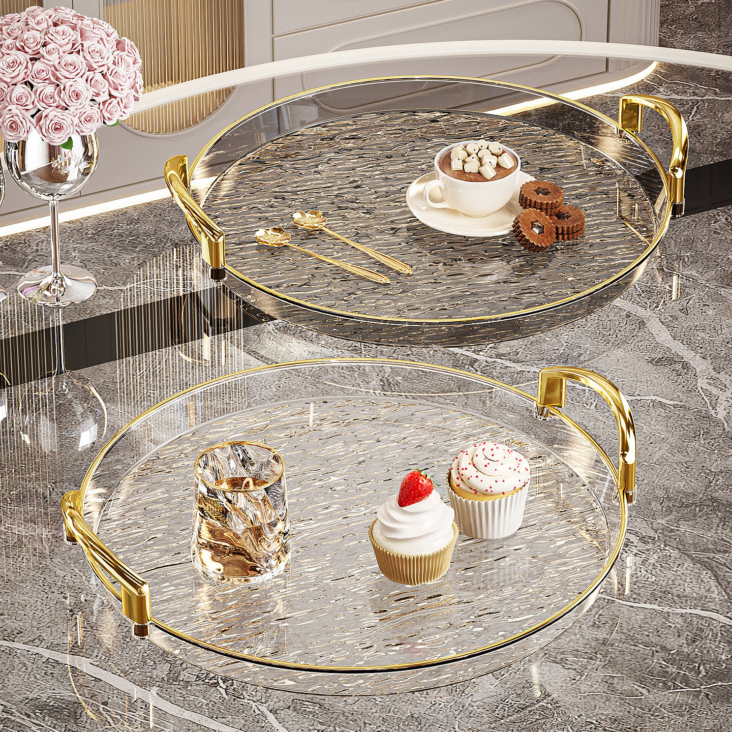 透明托盘客厅家用轻奢高档亚克力茶盘水杯架美容院圆形带把手果盘,餐饮具,餐用托盘,淘宝优惠券,粉丝福利购,淘宝优惠卷