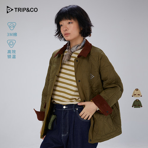 TRIP&CO女秋冬保暖棉服外套时尚穿中长款上衣绗缝撞色翻领棉夹克