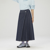 TRIP&CO女牛仔半身裙a字半身裙高腰百褶长裙胖mm遮肚显瘦裙子