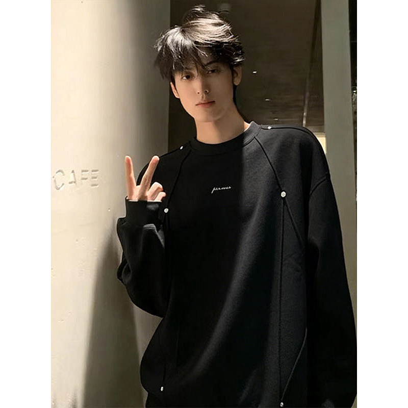 黑色柳钉正肩卫衣男款秋季潮牌重磅长袖T恤美式解构宽松休闲上衣