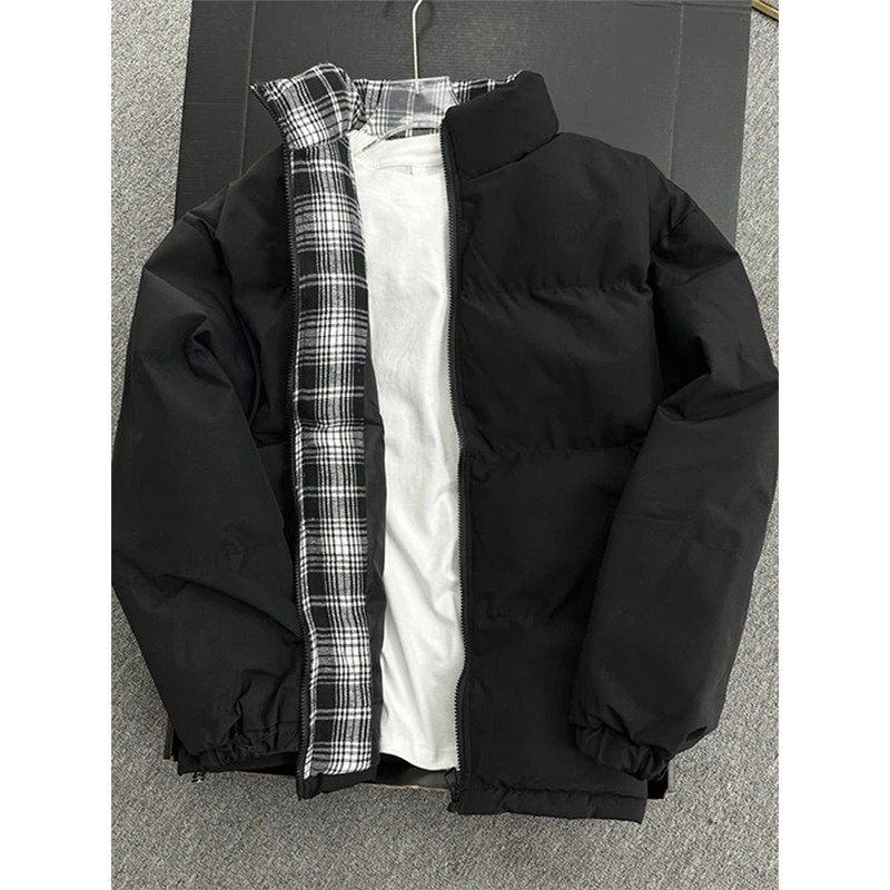 黑色格子拼接夹克棉服男款秋冬季美式潮牌立领夹棉保暖面包服外套