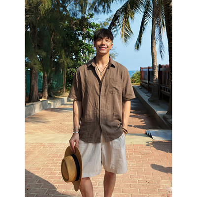 老钱风咖色仿亚麻衬衫男夏季度假