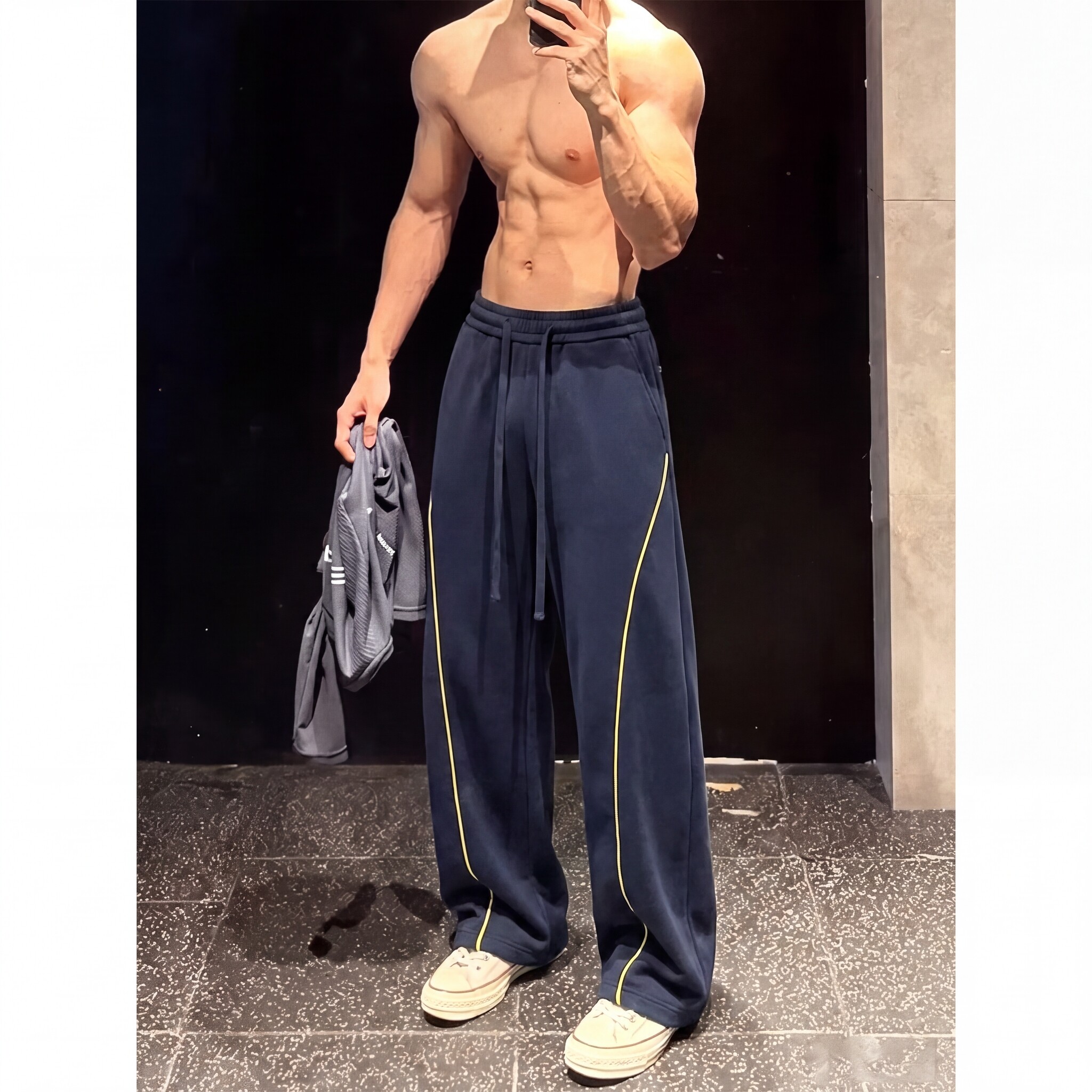 藏青色哈苏线运动卫裤男秋季美式休闲健身裤子cleanfit阔腿弯刀裤