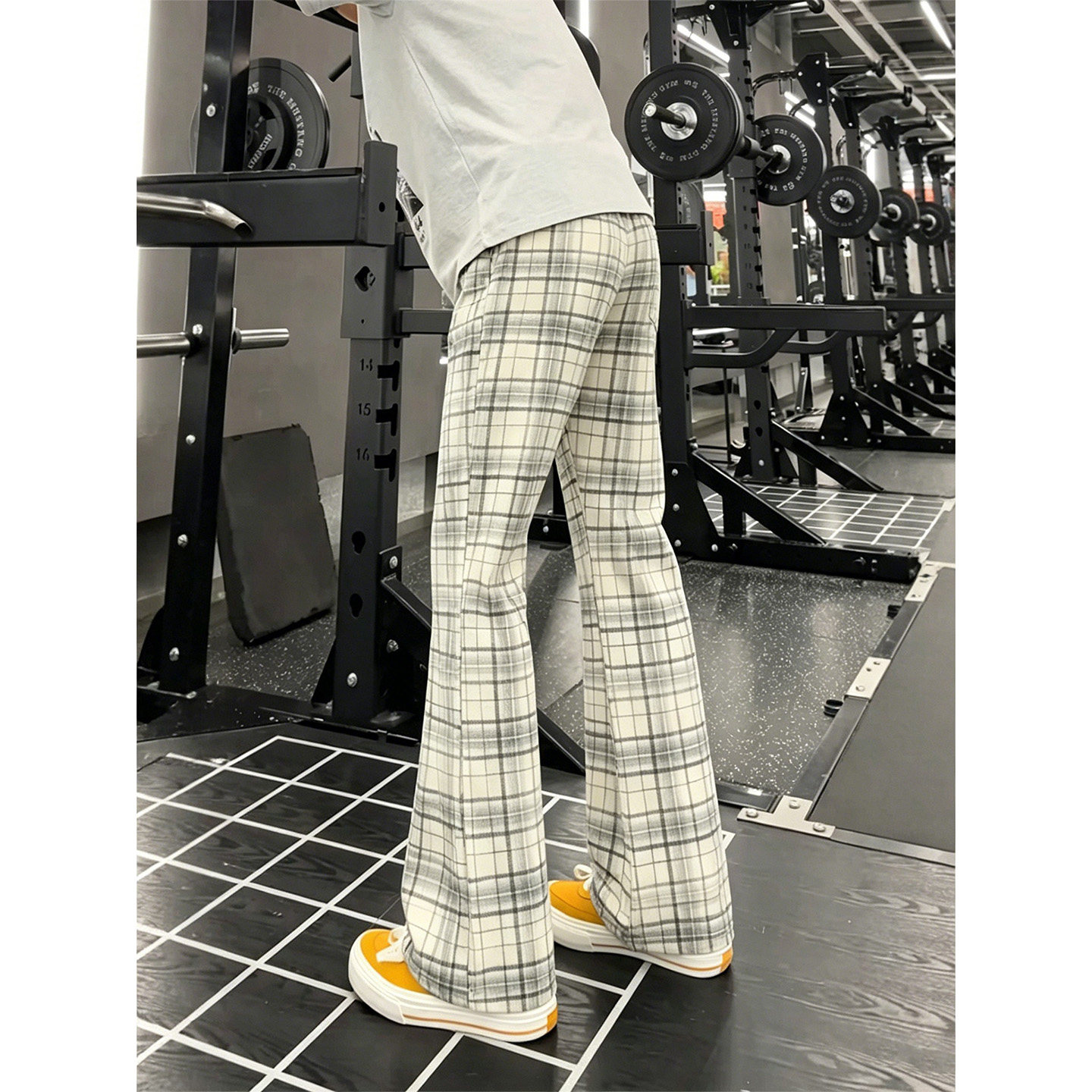 cleanfit杏色格子裤子男款秋季轻薄运动微喇裤直筒美式健身休闲裤