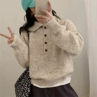 中学生半纽扣纯色翻领毛衣女初中生针织上衣高中生内搭大童打底衫