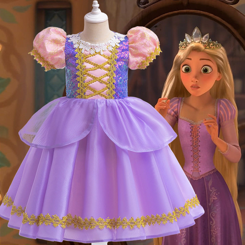 长发公主裙Tangled Rapunzel女童乐佩泡泡袖花边网纱裙苏菲亚礼服