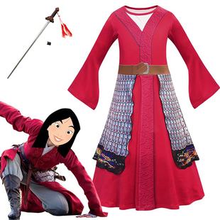 抖音女童网红汉服花木兰古风战服童装长款连衣裙春秋款交领礼服裙