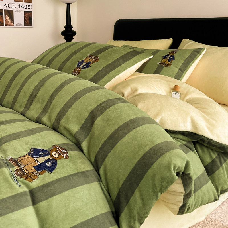 冬季加厚牛奶绒小熊绿色条纹四件套小熊法兰绒被套床单床上三件套