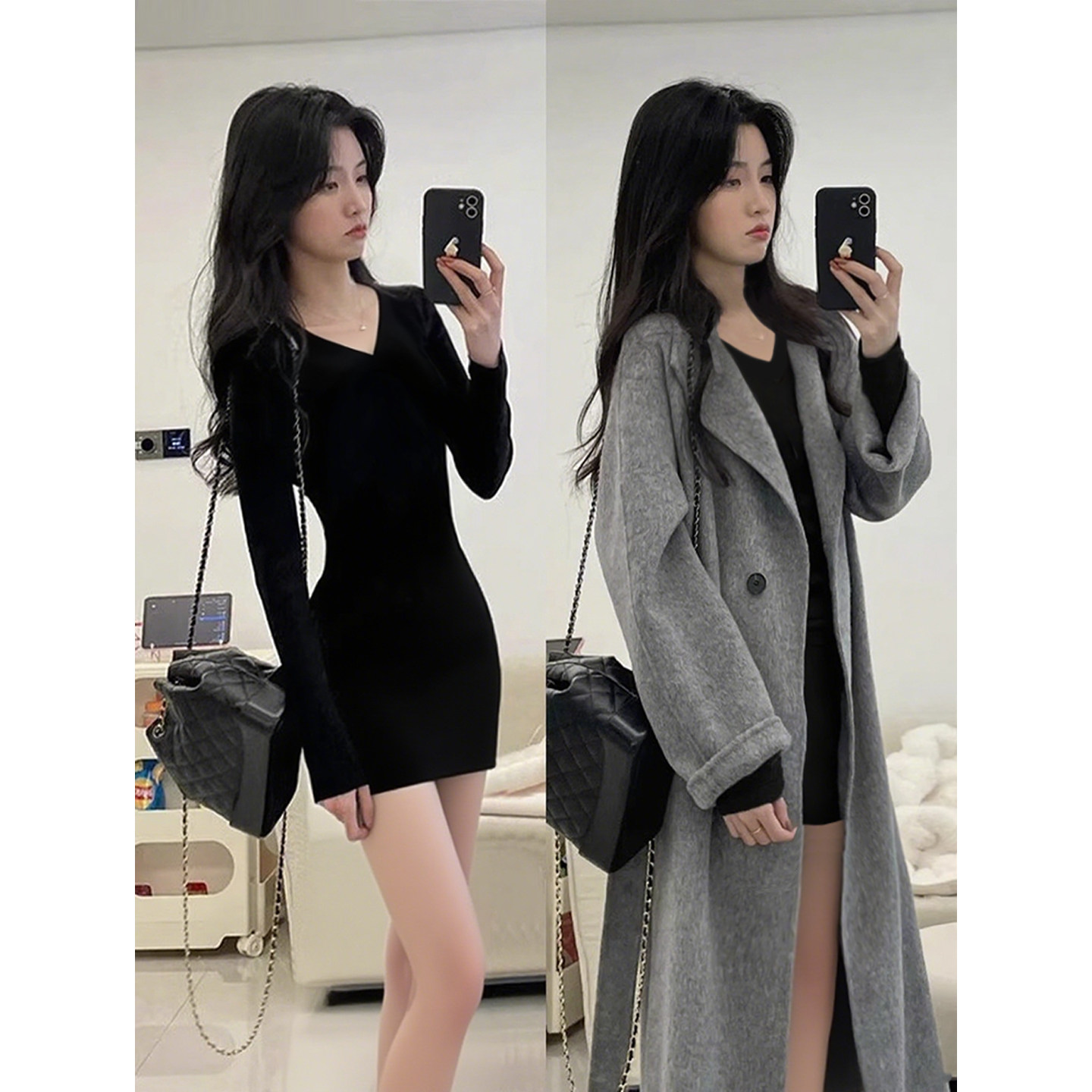 黑色v领针织包臀裙子女秋冬天大连衣裙