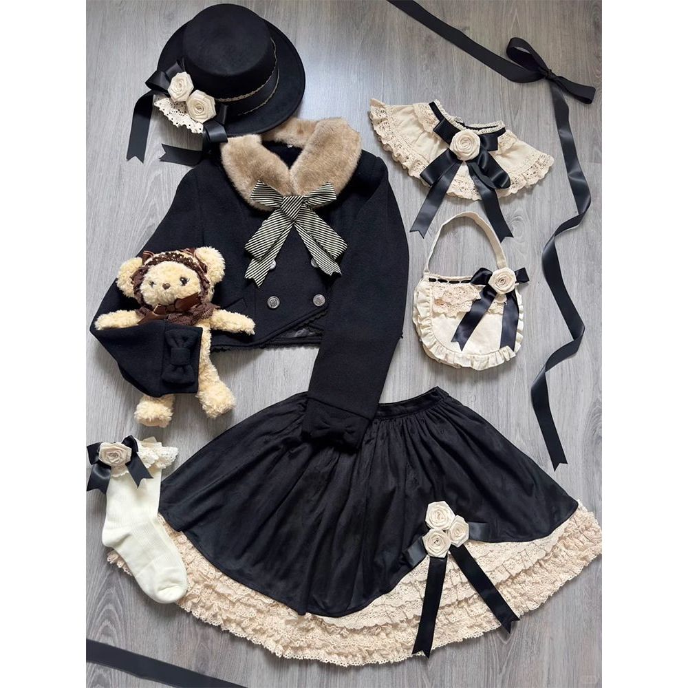 【黑糖蕾丝】古早doll感Lolita蝴蝶结外套+蕾丝花边短裙两件套装