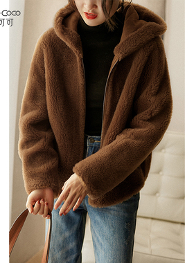 KELE COCO 连帽全羊毛羊剪绒皮草女士外套