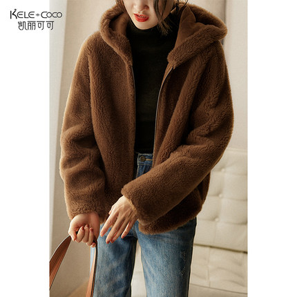 KELE COCO 连帽全羊毛羊剪绒皮草女士外套