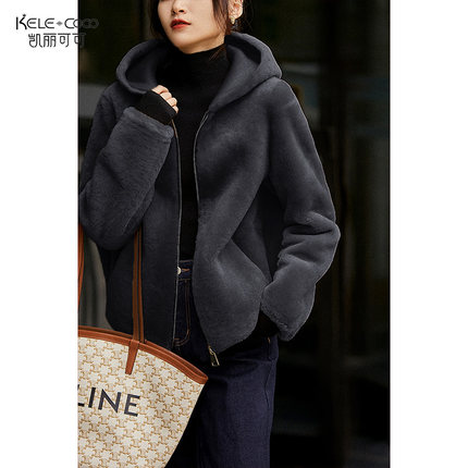 KELE COCO 连帽全羊毛羊剪绒皮草