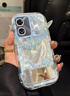 适用蓝色蝴蝶OPPOA97手机壳A96镜面A95支架A93S新款A72羽纱A58X防摔A55保护套A36高级A5活力版女A3全包A1渐变