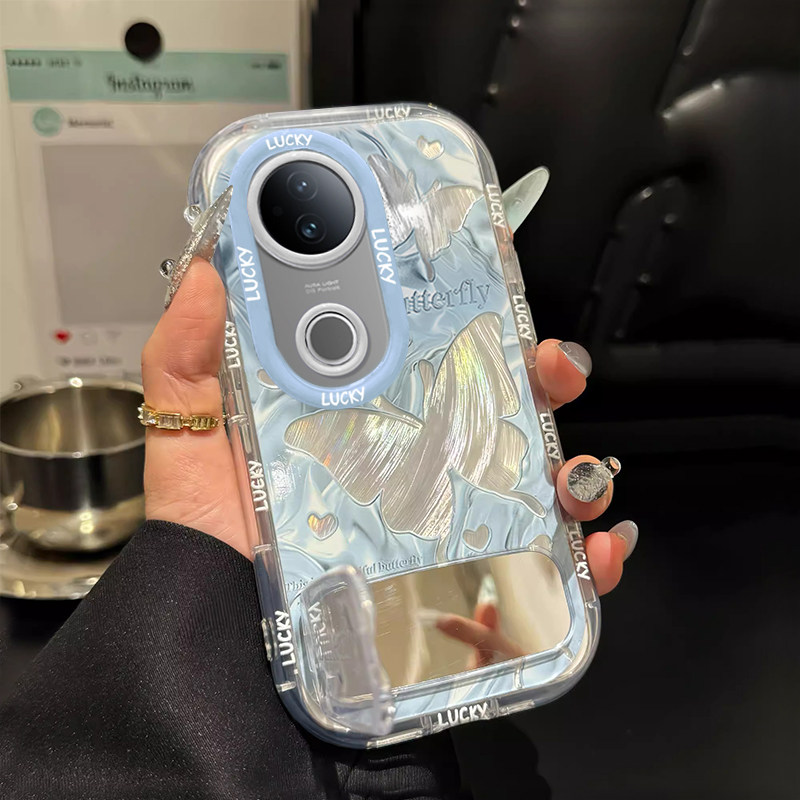 适用蓝色蝴蝶vivoS20手机壳s19pro镜面s18E支架s17新款s16羽纱s15防摔s12保护套s10高级感9少女心7T全包6渐变