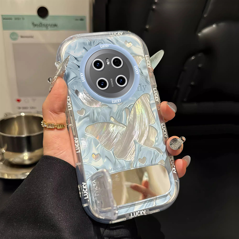 适用蓝色蝴蝶华为mate70pro+手机壳60镜面50E支架40新款30羽纱防摔保护套高级感少女全包渐变时尚轻奢风奢华