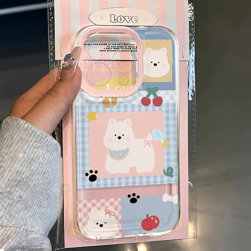 适用苹果系列格纹白狗手机壳