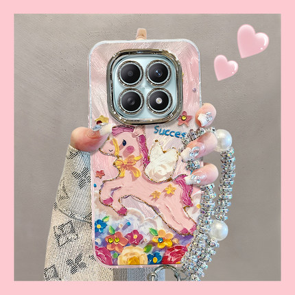 适用油画小马红米note15PRO+手机壳14全包13R卡通12turbo防摔11镜头膜10可爱9羽纱redmi新款女保护套马年创意