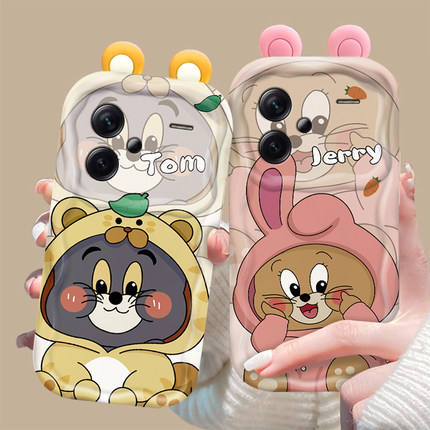 适用红米note13pro+手机保护壳新款note12pro/turbo可爱女款11tpro+卡通网红猫和老鼠挂绳10/9pro矽胶防摔保