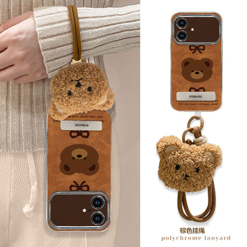 适用苹果16promax手机壳iphone15新款14pro大视窗13咖棕色12高级感11咖色小熊创意带手链xsmax/XR支架外壳