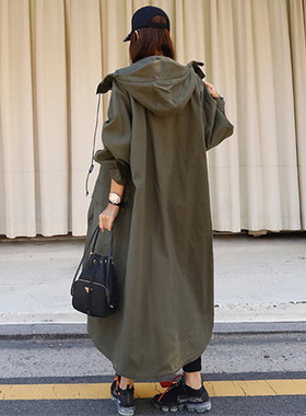 新款宽松大码风衣过膝长款韩版时尚军工装外套bf休闲学生连帽开衫