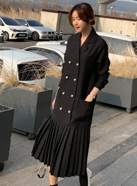 宽松大码西装外套女韩版学生双排扣bf风衣过膝长款雪纺拼接连衣裙