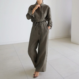 BF宽松亚麻套装 系带棉麻连体衣休闲学生九分裤 潮 裙大码 阔腿连体裤