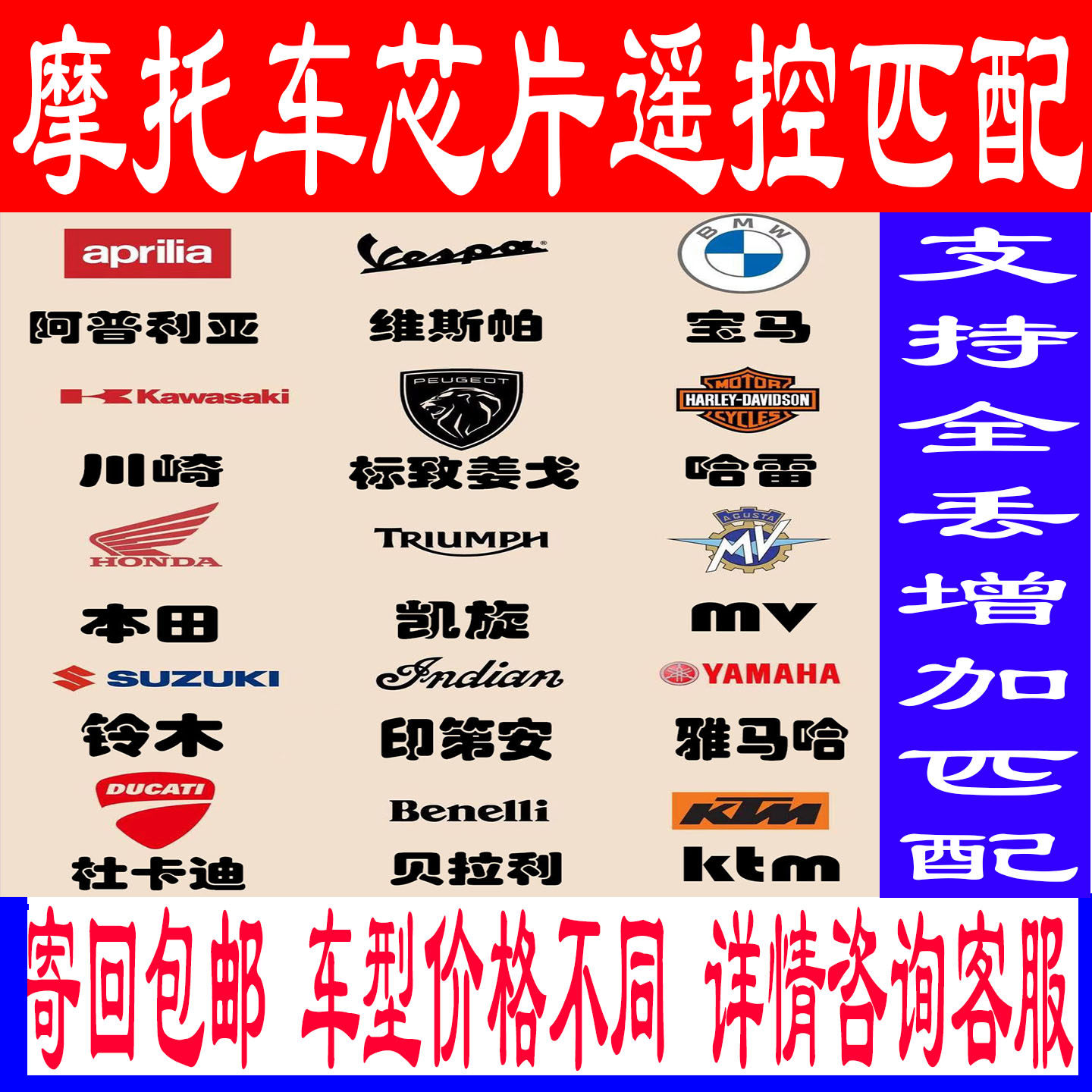 配进口摩托车芯片遥控钥匙适用于川崎铃木豪爵本田雅马哈宝马等