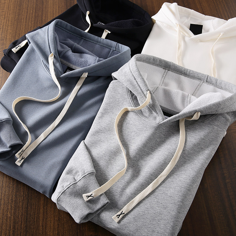 日系百搭！加绒加厚秋冬新款男士纯色保暖连帽运动休闲卫衣帽衫潮