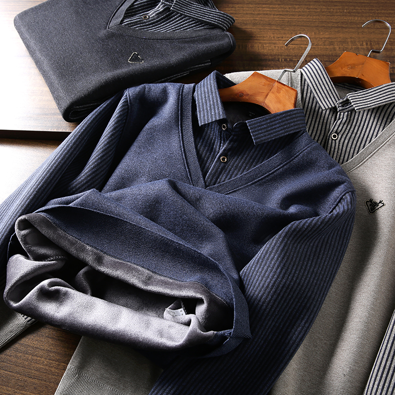 加厚一体绒假两件针织衫毛衣