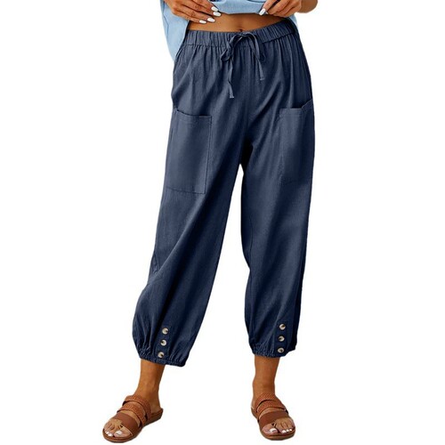 Loose high waisted buttoned cropped pants for women 阔腿女裤